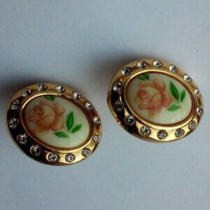 Pierced Earrings Gold With White Pink Green and 14 Clear Stones On Each Earring